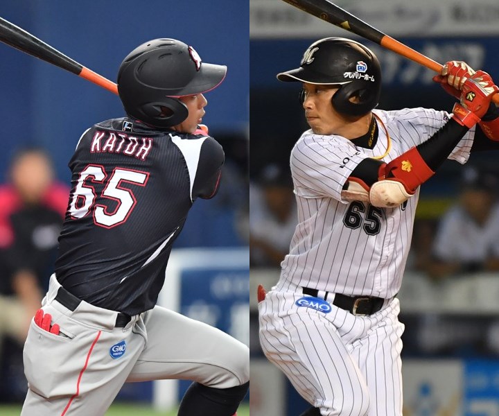 ロッテ・加藤翔平 バット＆ヘルメット 右と左では違うバッター。カモメ